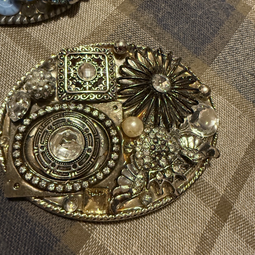 Silver 4 x 5 inch belt buckle, may pins, earrings, baubles